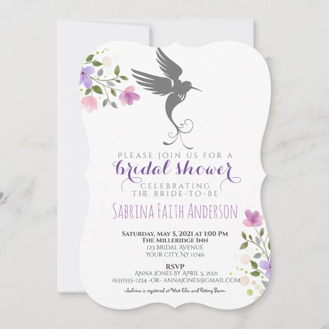Invitación Hummingbird Floral Elegante Lilac Bridal Shower (Anverso)