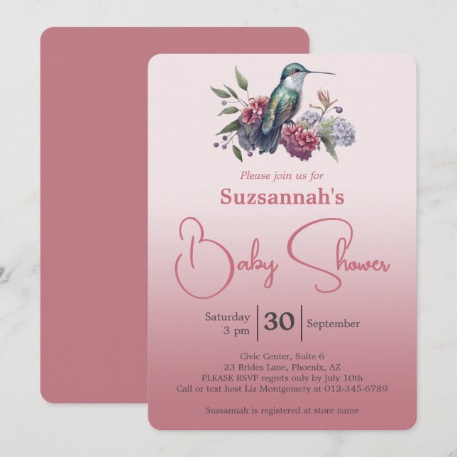 Invitación Hummingbird & Flowers Burgundy Ombre Baby Shower (Anverso / Reverso)