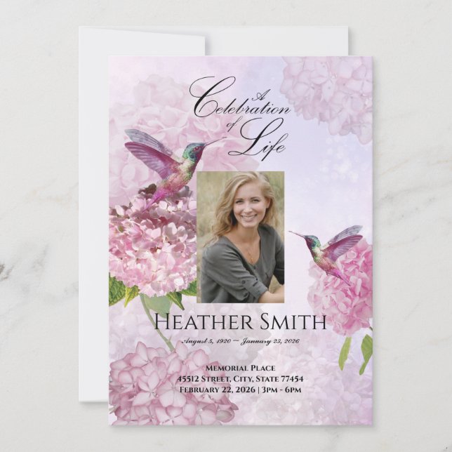 Invitación Hummingbird Hydrangeas rosa celebración de la vida (Anverso)