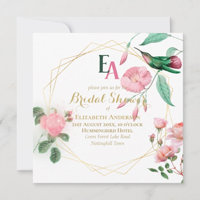 Invitación Hummingbird Mint Green Pink Gold Shower (Anverso)