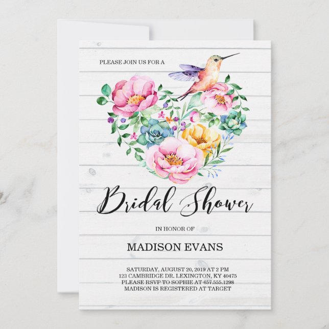 Invitación Hummingbird Rústico Acuarela Floral Ducha de Novia (Anverso)