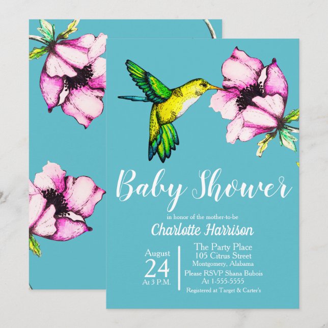 Invitación Hummingbird y Baby Shower de flores moradas (Anverso / Reverso)