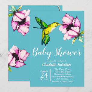 Invitación Hummingbird y Baby Shower de flores moradas