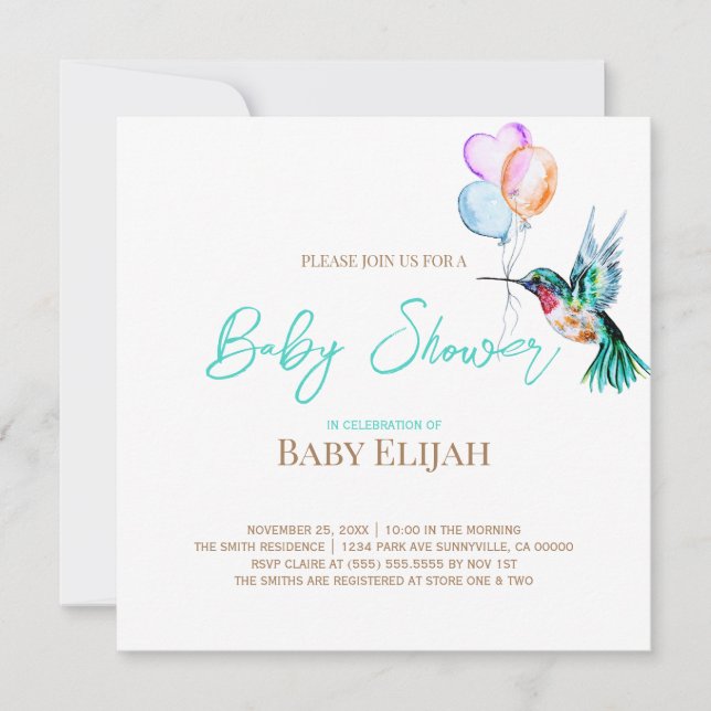 Invitación Hummingbird y Balloons Baby Shower (Anverso)