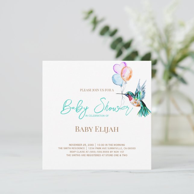 Invitación Hummingbird y Balloons Baby Shower (Anverso de pie)