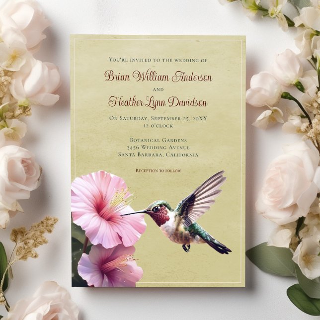 Invitación Hummingbird y Boda de Hibiscus | Amarilla (Yellow Hummingbird and Hibiscus Wedding Invitation)