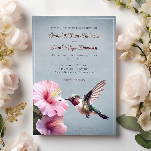 Invitación Hummingbird y Boda de Hibiscus | Azul (Blue Hummingbird and Hibiscus Wedding Invitation)