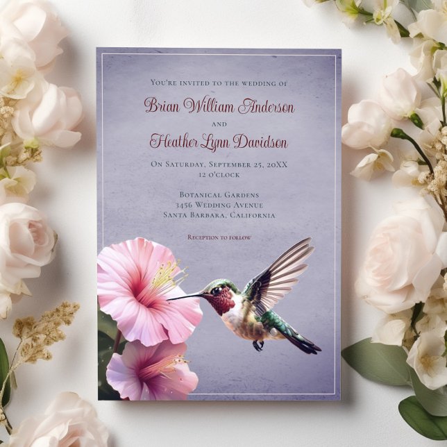 Invitación Hummingbird y Boda de Hibiscus | Morado (Purple Hummingbird and Hibiscus Wedding Invitation)