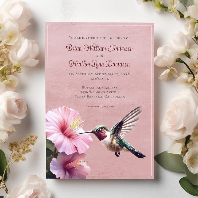 Invitación Hummingbird y Boda de Hibiscus | Rosa (Pink Hummingbird and Hibiscus Wedding Invitation)