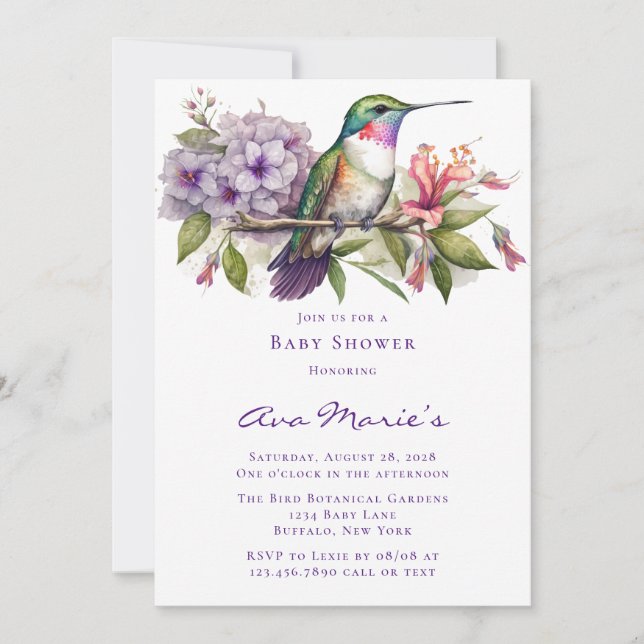 Invitación Hummingbird y Chica de flores Baby Shower (Anverso)