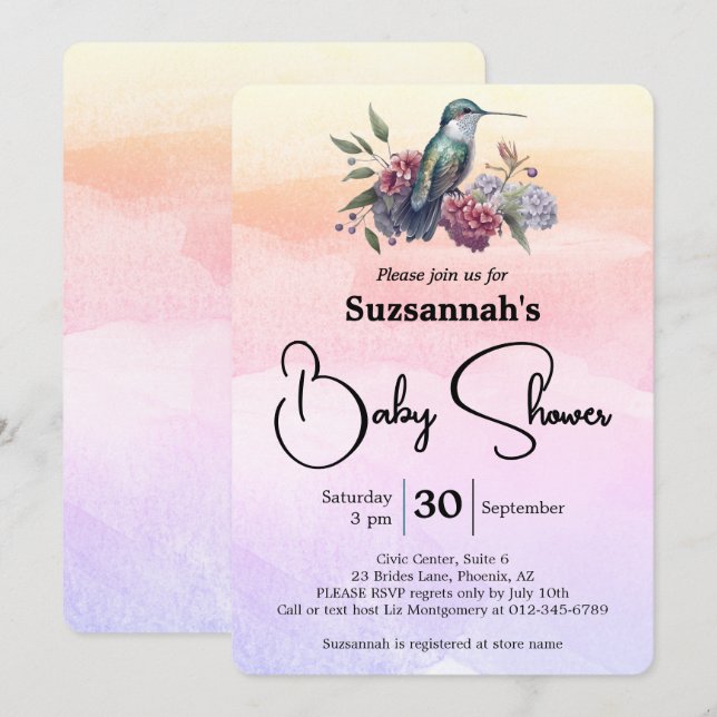 Invitación Hummingbird y Flores en Watercolor Baby Shower (Anverso / Reverso)