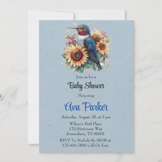 Invitación Hummingbird y Sunflower Blue Baby Shower (Anverso)