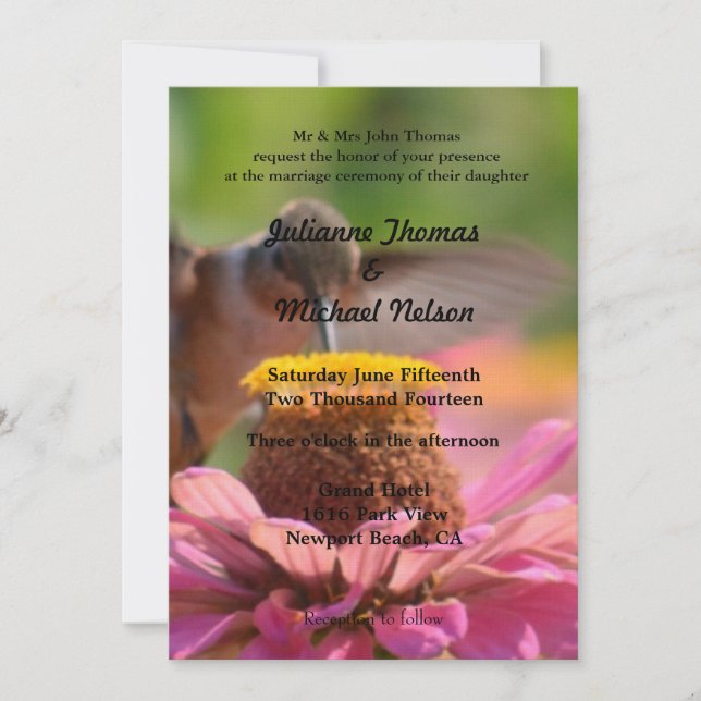 Invitación Hummingbird Zinnia Flor Boda romántico (Anverso)