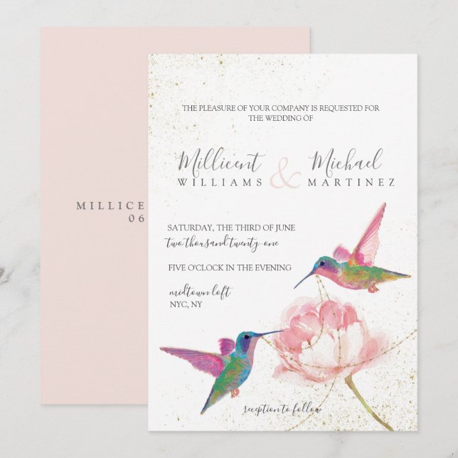 Invitación Hummingbirds Boda acuática de oro rosa (Anverso / Reverso)