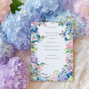 Invitación Hummingbirds caprichoso con hidrangeas Cumpleaños