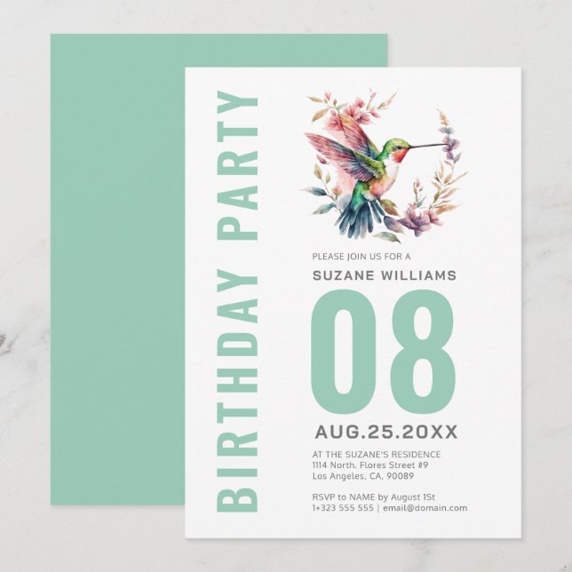 Invitación Hummingbirds Floral Wreath Bithday Fiesta (Anverso / Reverso)