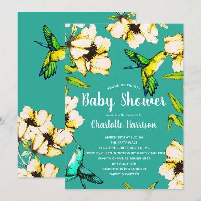 Invitación Hummingbirds Jardín encantado y Baby Shower floral (Anverso / Reverso)