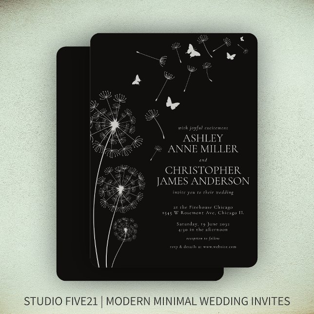 Invitación Humo moderno simple Boda de Dandelion negro (Subido por el creador)