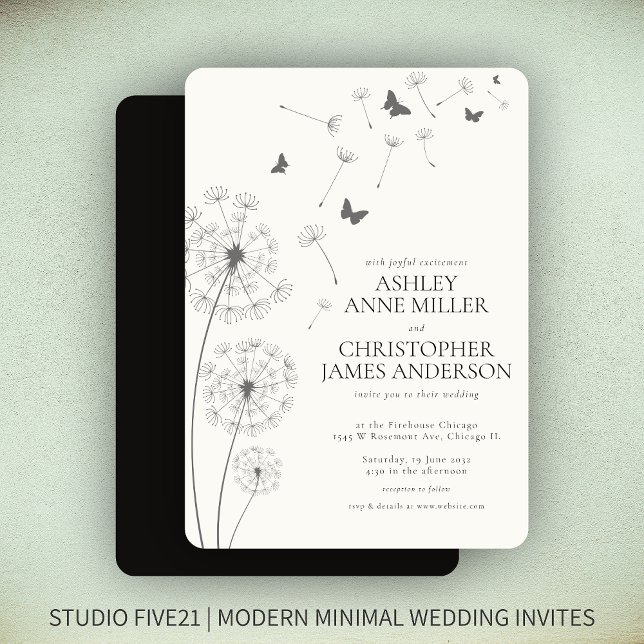 Invitación Humo moderno simple Boda de Dandelion negro (Subido por el creador)