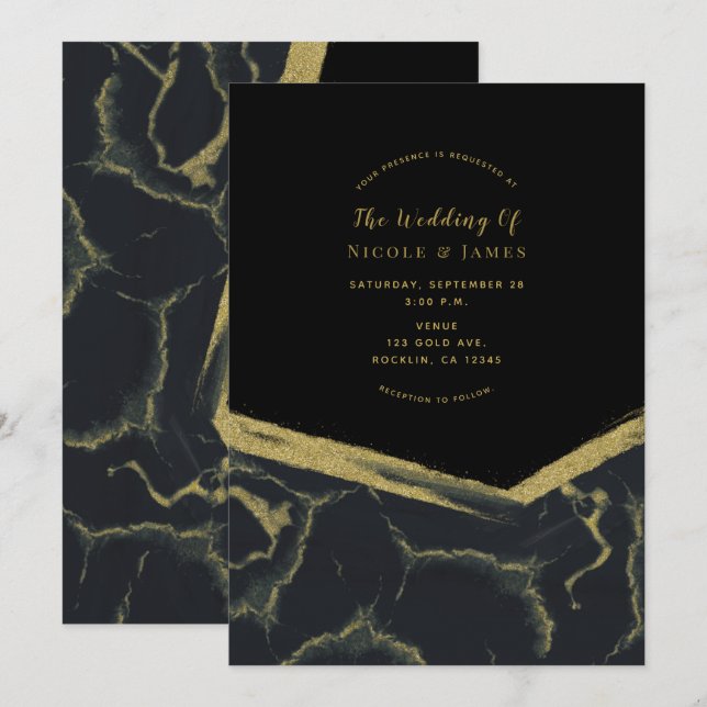Invitación Humo negro y mármol dorado Chic Boda moderna (Anverso / Reverso)