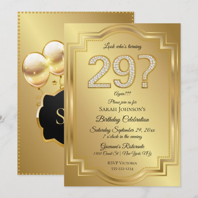 Invitación Humor para el 29 cumpleaños con oro y diamantes (Anverso / Reverso)
