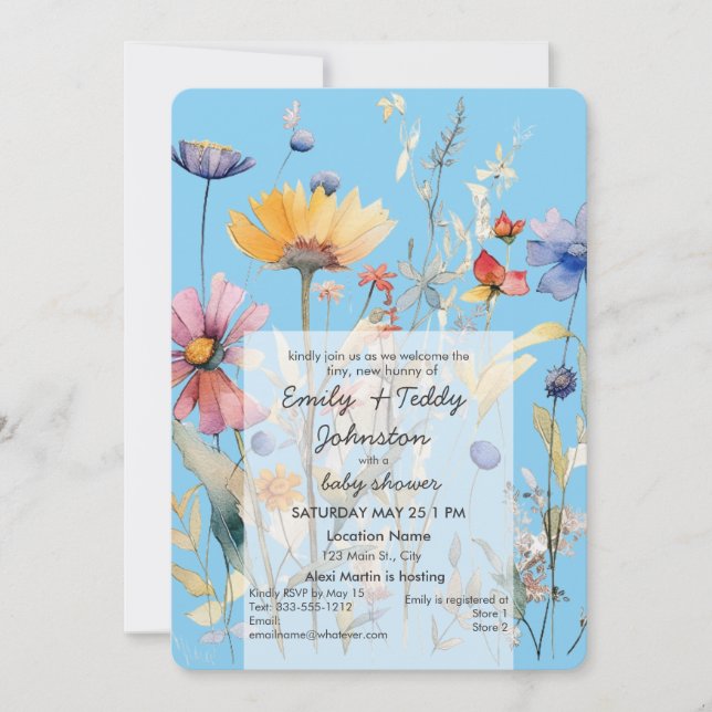 Invitación 'Hunny' Wildflower Boy Baby Shower azul (Anverso)
