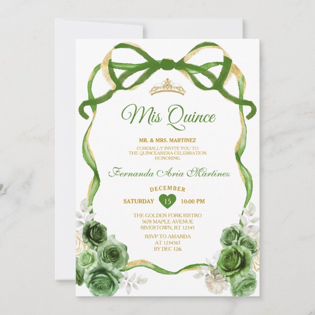 Invitación Hunt Green Floral Cinta Cinta Cinta Oro Des Quince (Anverso)