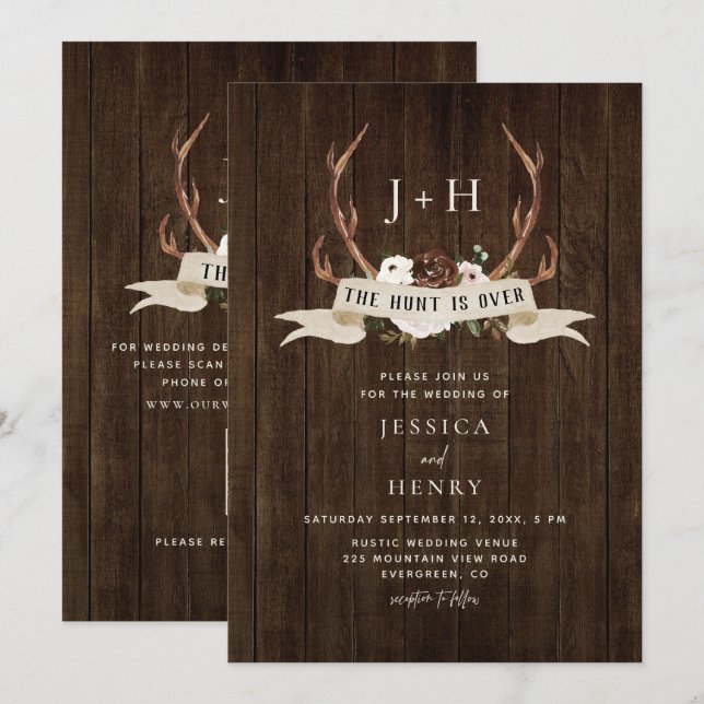 Invitación Hunt is Over Antlers Rustic Wood QR Code Wedding  (Anverso / Reverso)