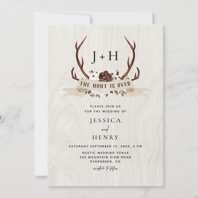 Invitación Hunt is Over Rustic Antlers QR Code Wedding  (Anverso)