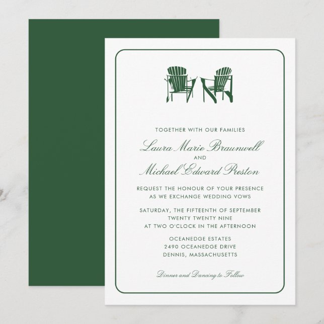 Invitación Hunter Green Adirondack Chairs Boda (Anverso / Reverso)