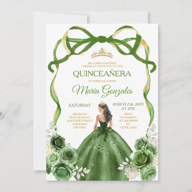 Invitación Hunter Green Bow Princess Gold Crown Quinceañera (Anverso)