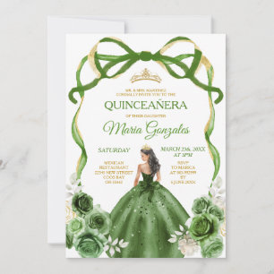 Invitación Hunter Green Bow Princess Gold Crown Quinceañera