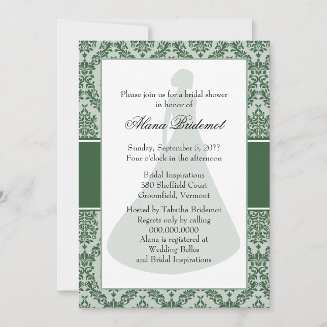 Invitación Hunter Green Damask Bridal Shower (Anverso)