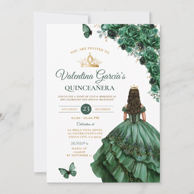 Invitación Hunter Green Dress Quinceañera 15 Anos Floral Gold (Anverso)