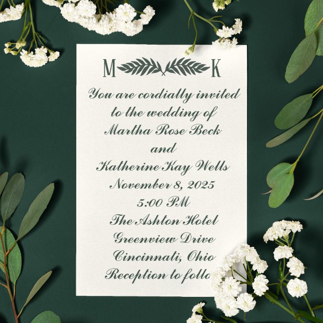 Invitación Hunter Green en el Boda Cream Initials (Subido por el creador)