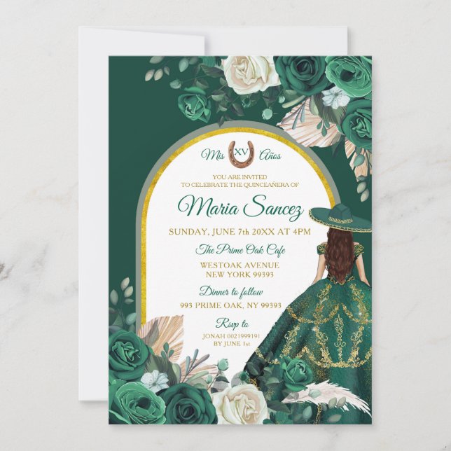 Invitación Hunter Green Floral Princesa Quinceañera (Anverso)