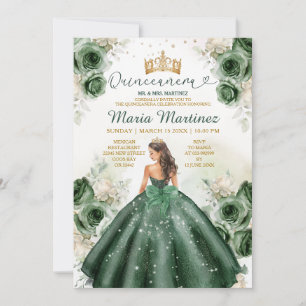 Invitación Hunter Green Floral Princess Gold Quiñceanera