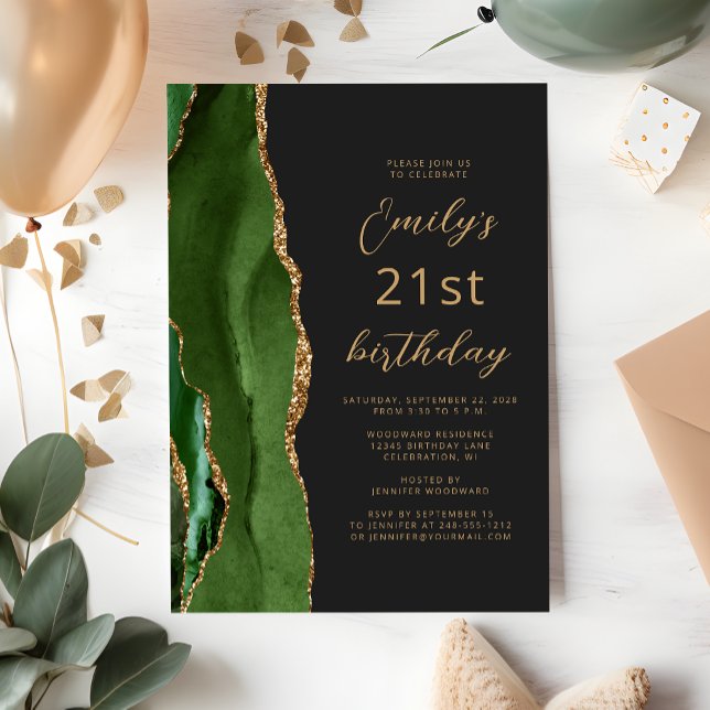Invitación Hunter Green Gold Agate Script 21st Birthday (Subido por el creador)