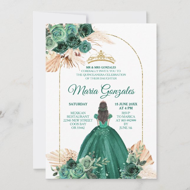 Invitación Hunter Green Pampas Chica mexicana Quinceañera (Anverso)