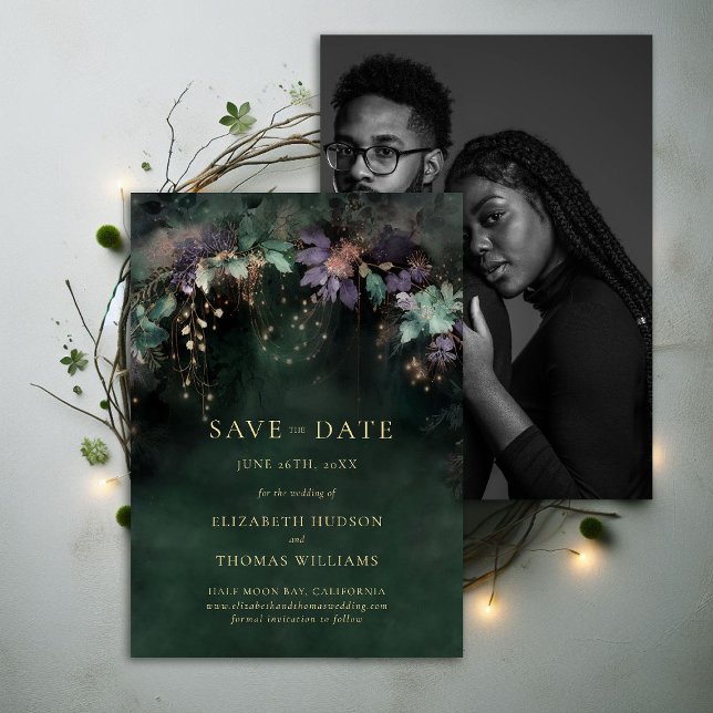 Invitación Hunter Green Photo Boda encantado Save Date (enchanted forest wedding save the date hunter green emerald sage lavender photo template elegant)