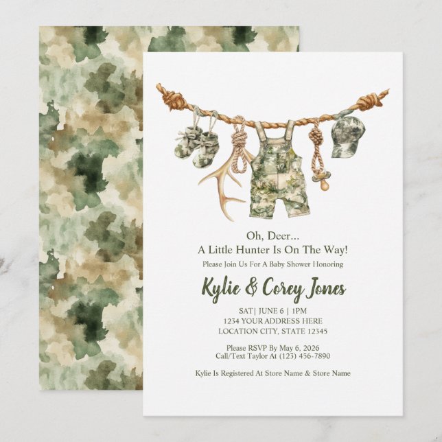 Invitación Hunting Clothesline Camo Boy Baby Shower (Anverso / Reverso)