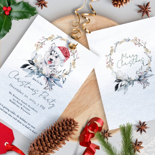 Invitación Husky acuarela Fiesta de Navidad personalizada (Subido por el creador)