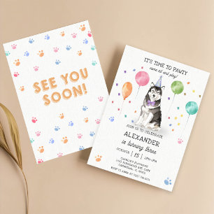 Invitación Husky Sibir Perro Pawty Cuppy Cumpleaños Rosa