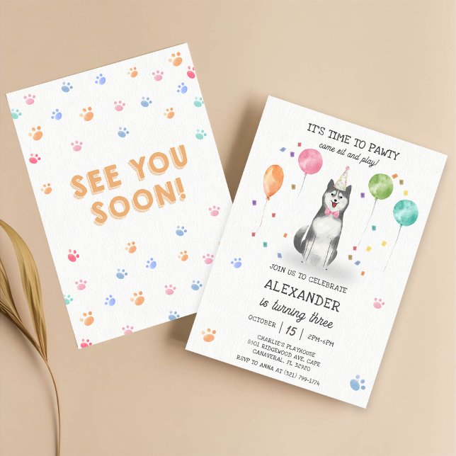 Invitación Husky Sibir Perro Pawty Cuppy Cumpleaños Rosa (Subido por el creador)