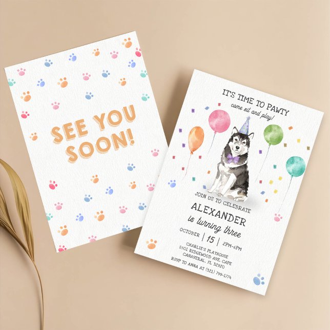 Invitación Husky Sibir Perro Pawty Cuppy Cumpleaños Rosa (Subido por el creador)