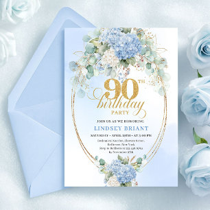 Invitación Hydrangea Acuarela Azul Atemporal Cumpleaños 90
