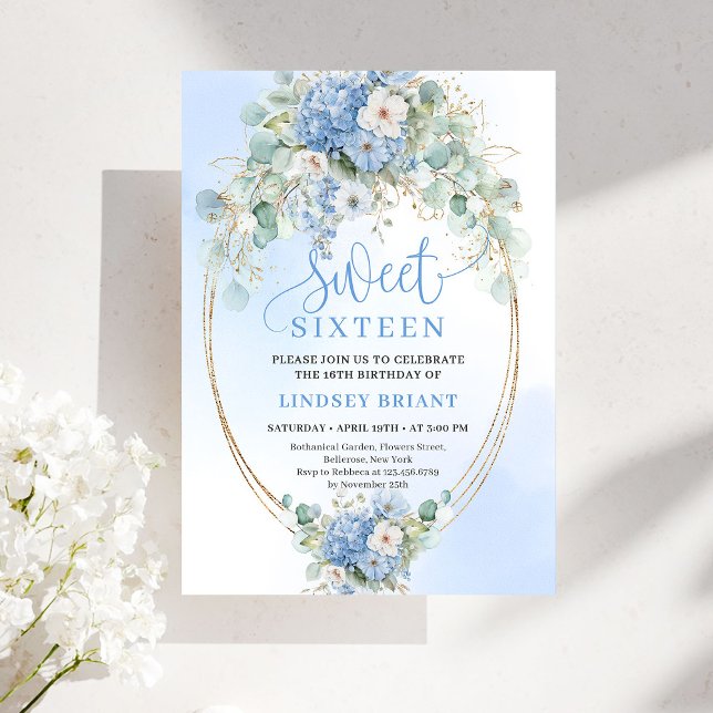 Invitación Hydrangea Azul de Moda con Marco Dorado Cumpleaños (Trendy Blue Hydrangea Gold Frame 16th Birthday Invitation)