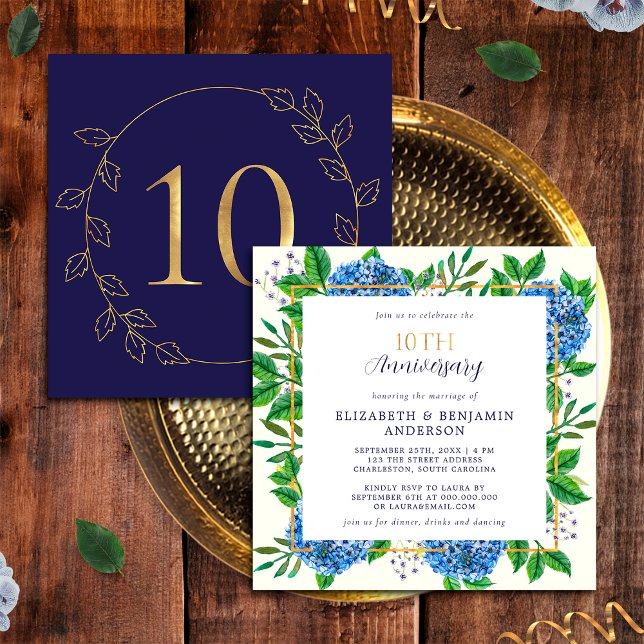 Invitación Hydrangea Azul dorada 10° aniversario Boda (Front / Back)