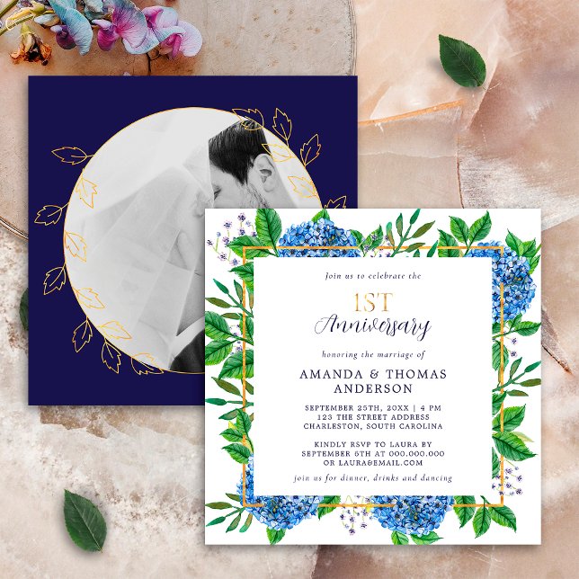 Invitación Hydrangea Azul dorada 1er aniversario de foto Boda (Subido por el creador)
