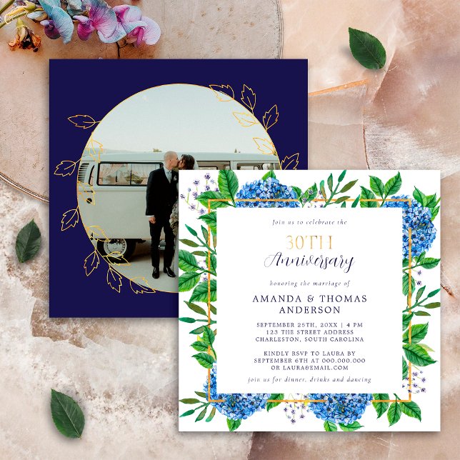 Invitación Hydrangea Azul dorada 30 aniversario de foto Boda (Subido por el creador)